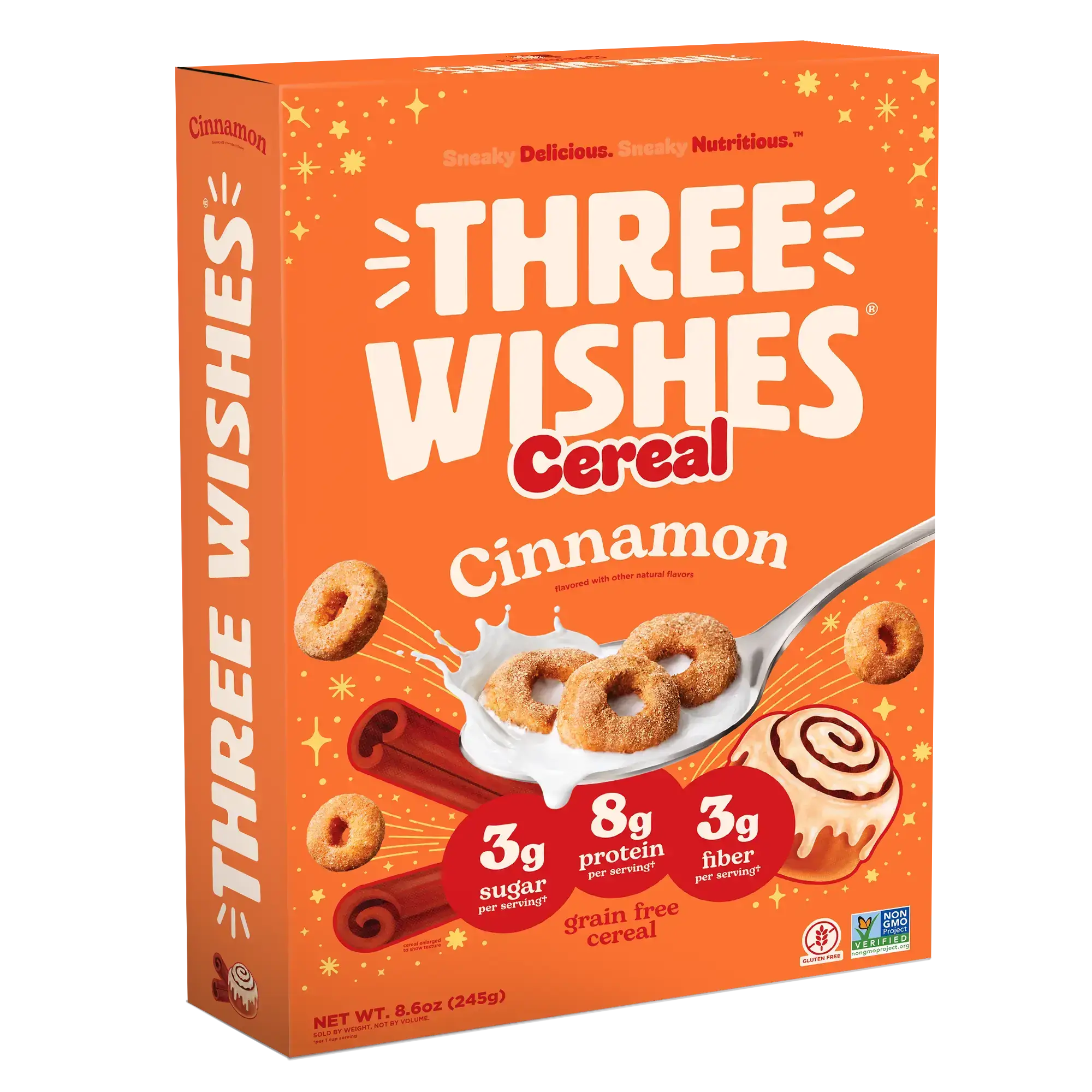 Front of the Three Wishes Cinnamon cereal box