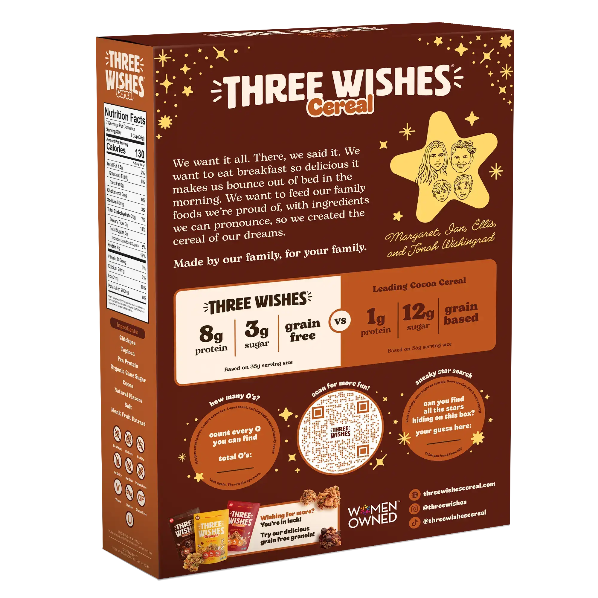 Back of the Three Wishes Cocoa cereal box
