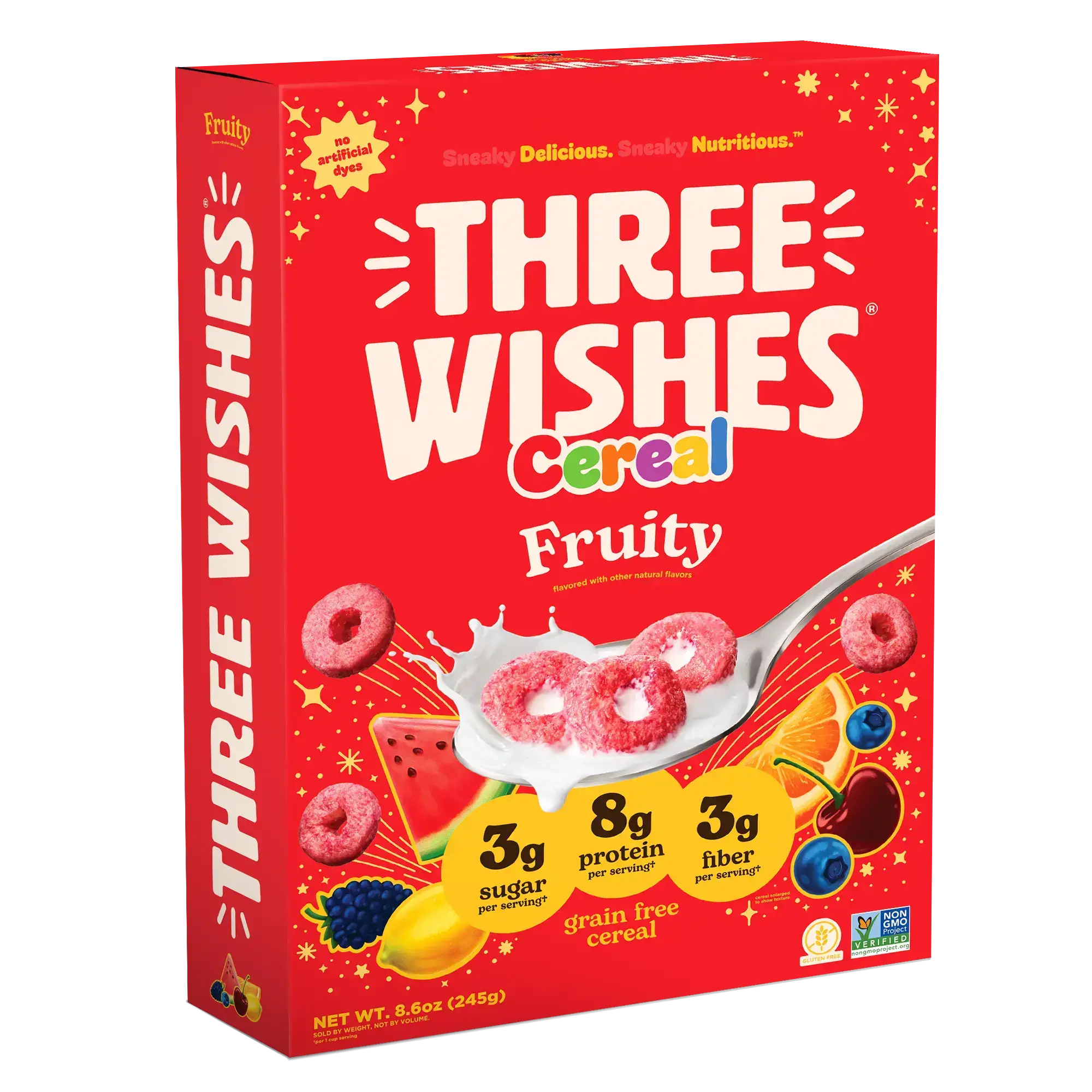 Front of the Three Wishes Fruity cereal box
