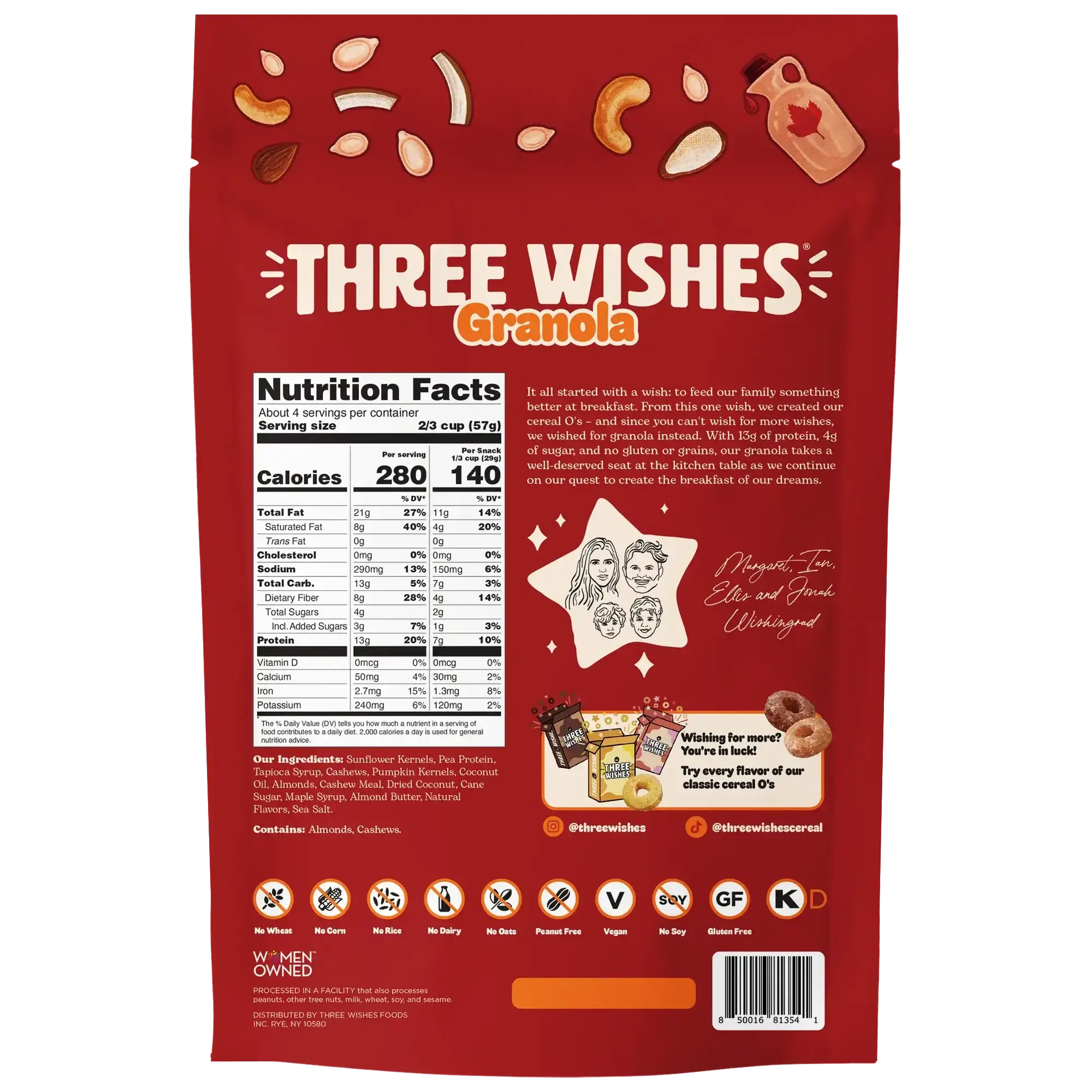 Back of the Three Wishes Maple Crunch granola box