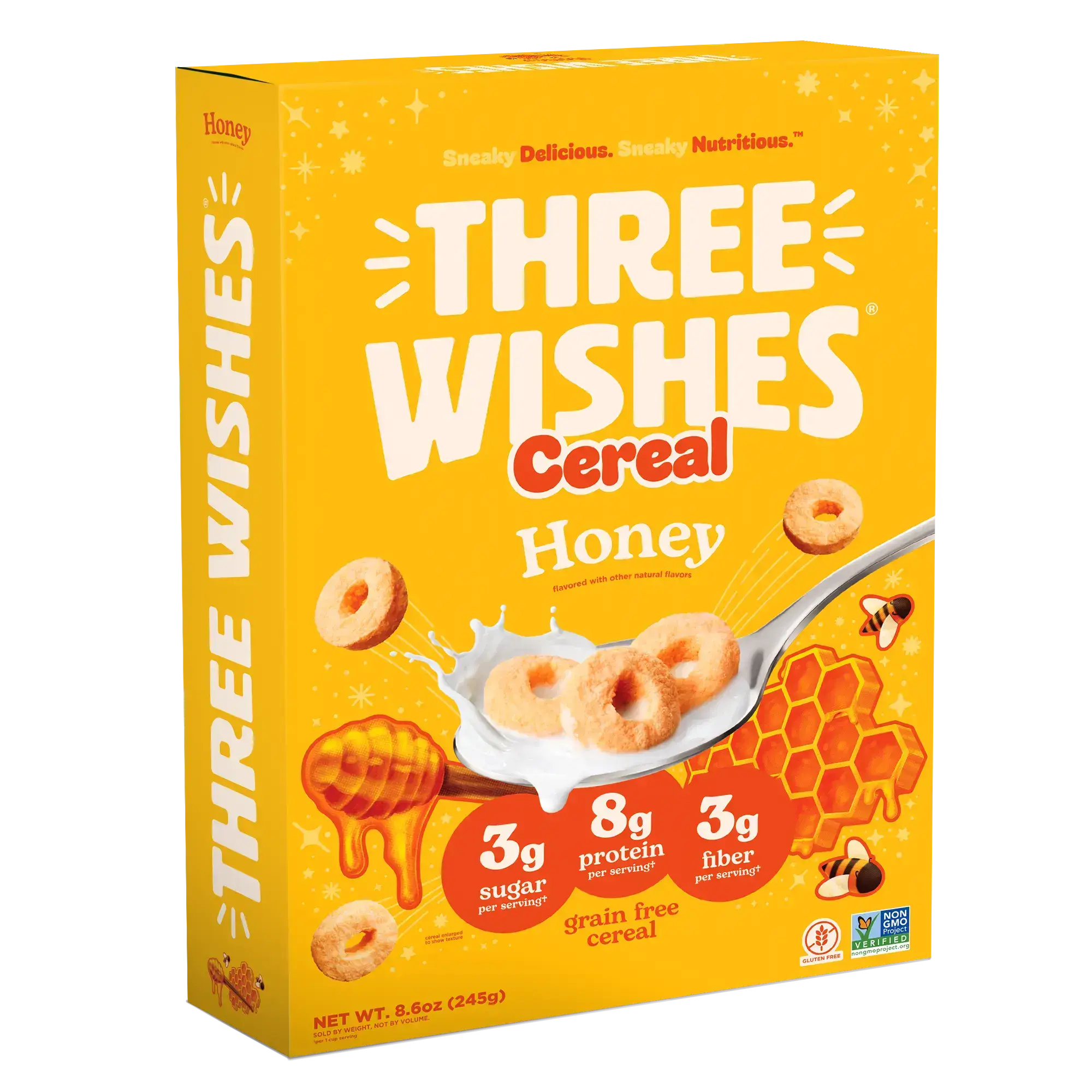 Front of the Three Wishes Honey cereal box