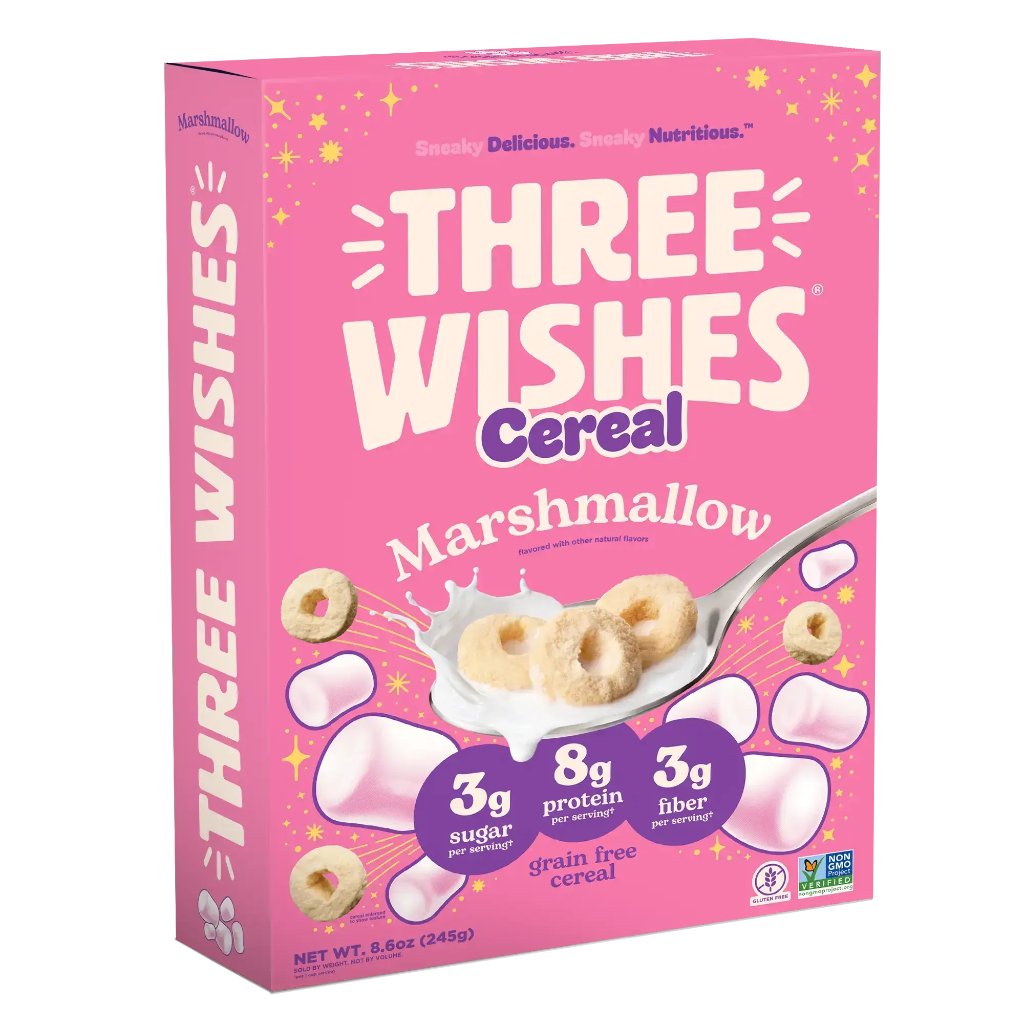 Front of the Three Wishes Marshmallow cereal box