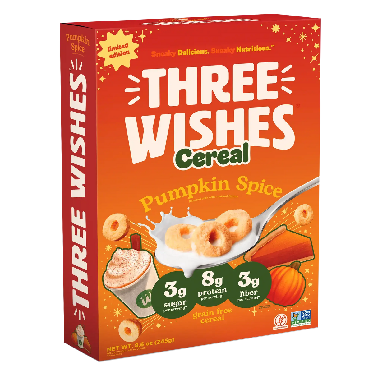 Front of the Three Wishes Pumpkin Spice cereal box