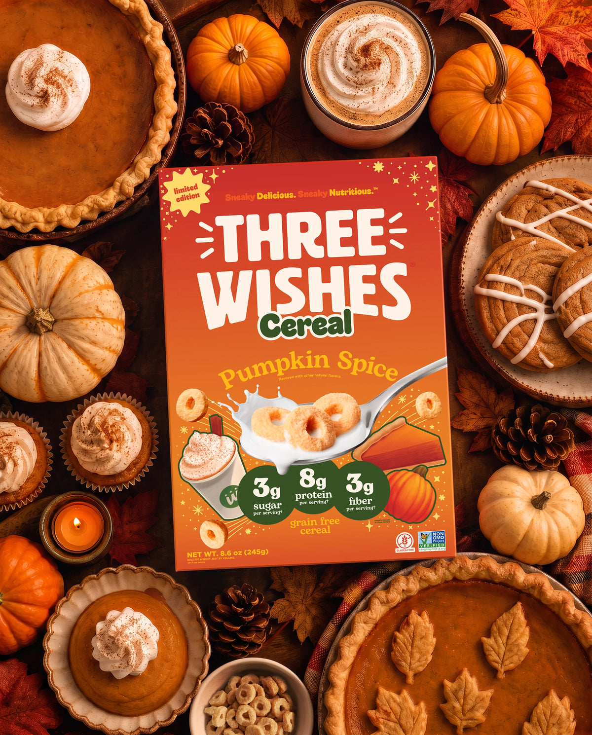 A Three Wishes Pumpkin Spice cereal box in an autumn spread of pumpkins, pies, cookies and a spiced latte β lead image