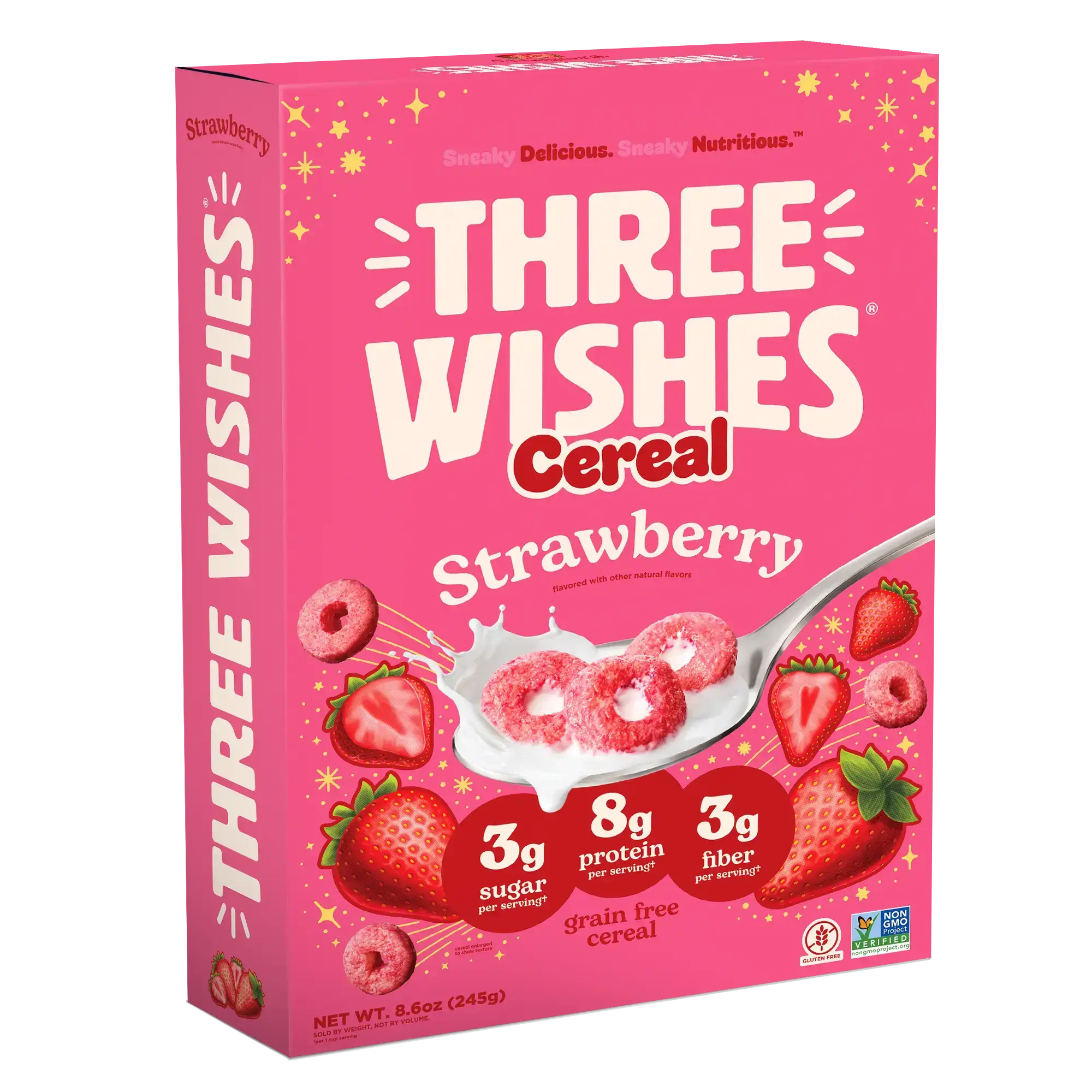 Front of the Three Wishes Strawberry cereal box