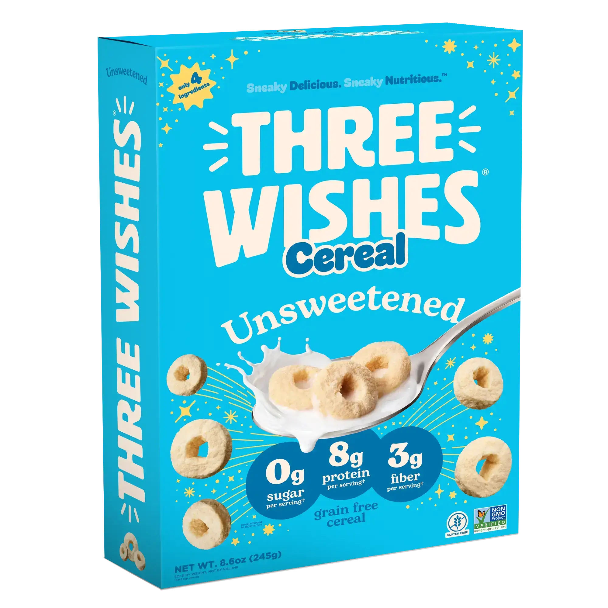 Front of the Three Wishes Unsweetened cereal box
