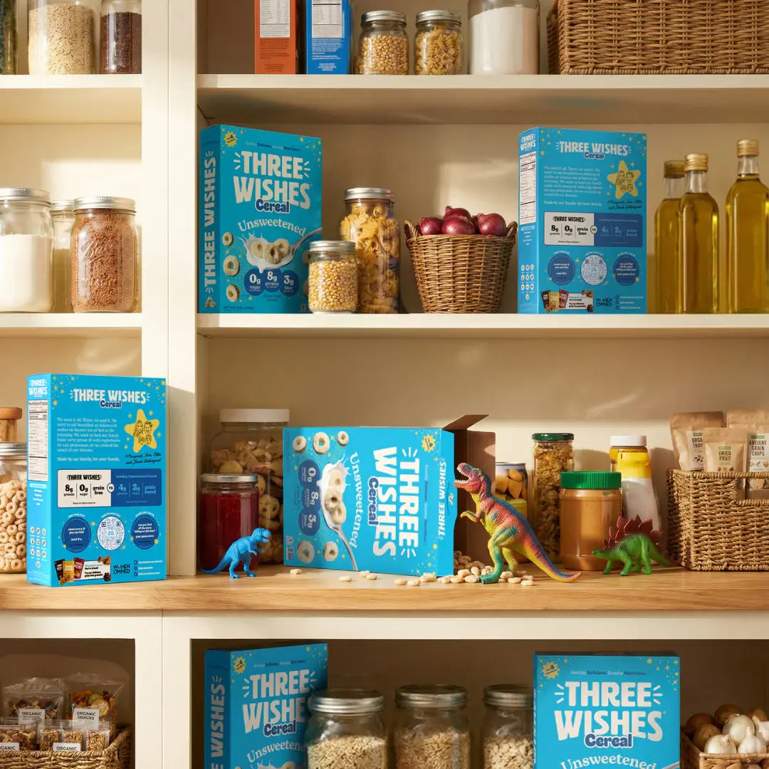 Three Wishes Unsweetened cereal boxes on a pantry shelf — lead image