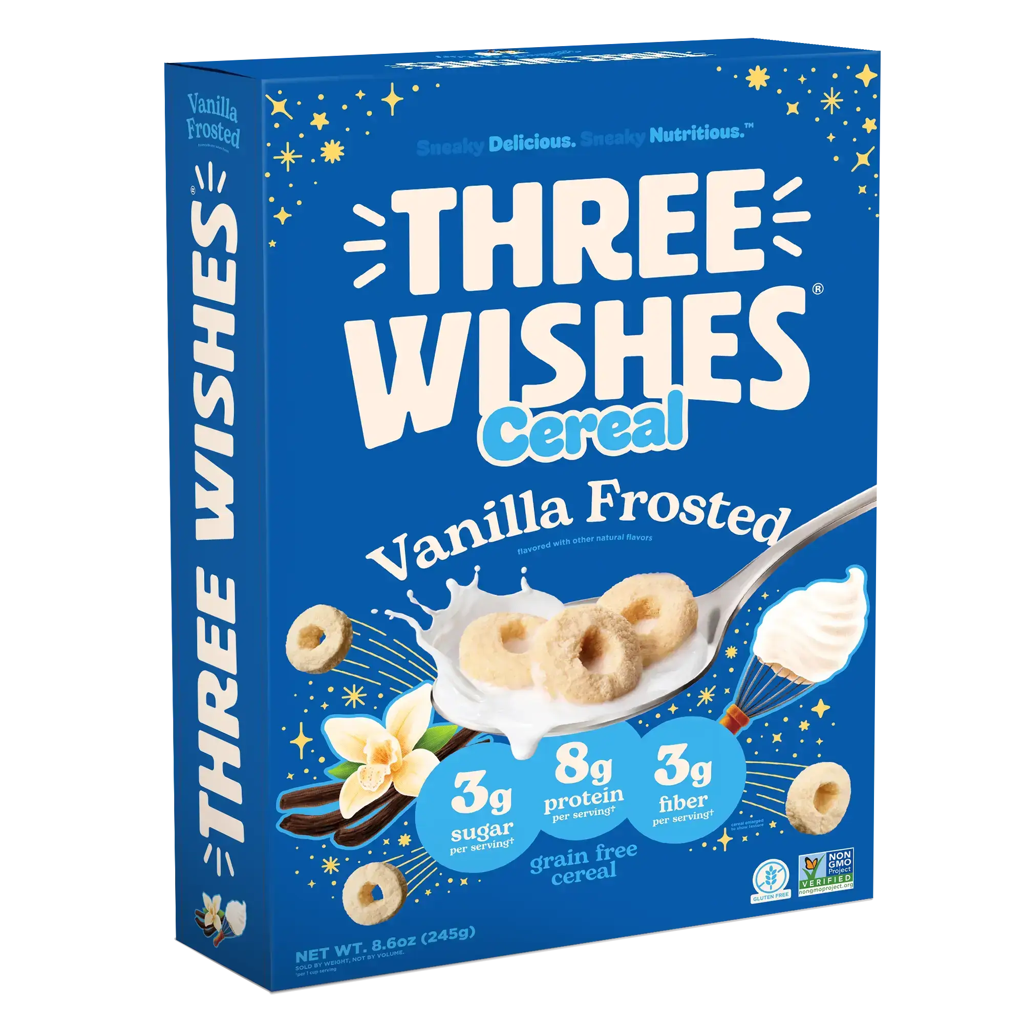 Front of the Three Wishes Vanilla Frosted cereal box