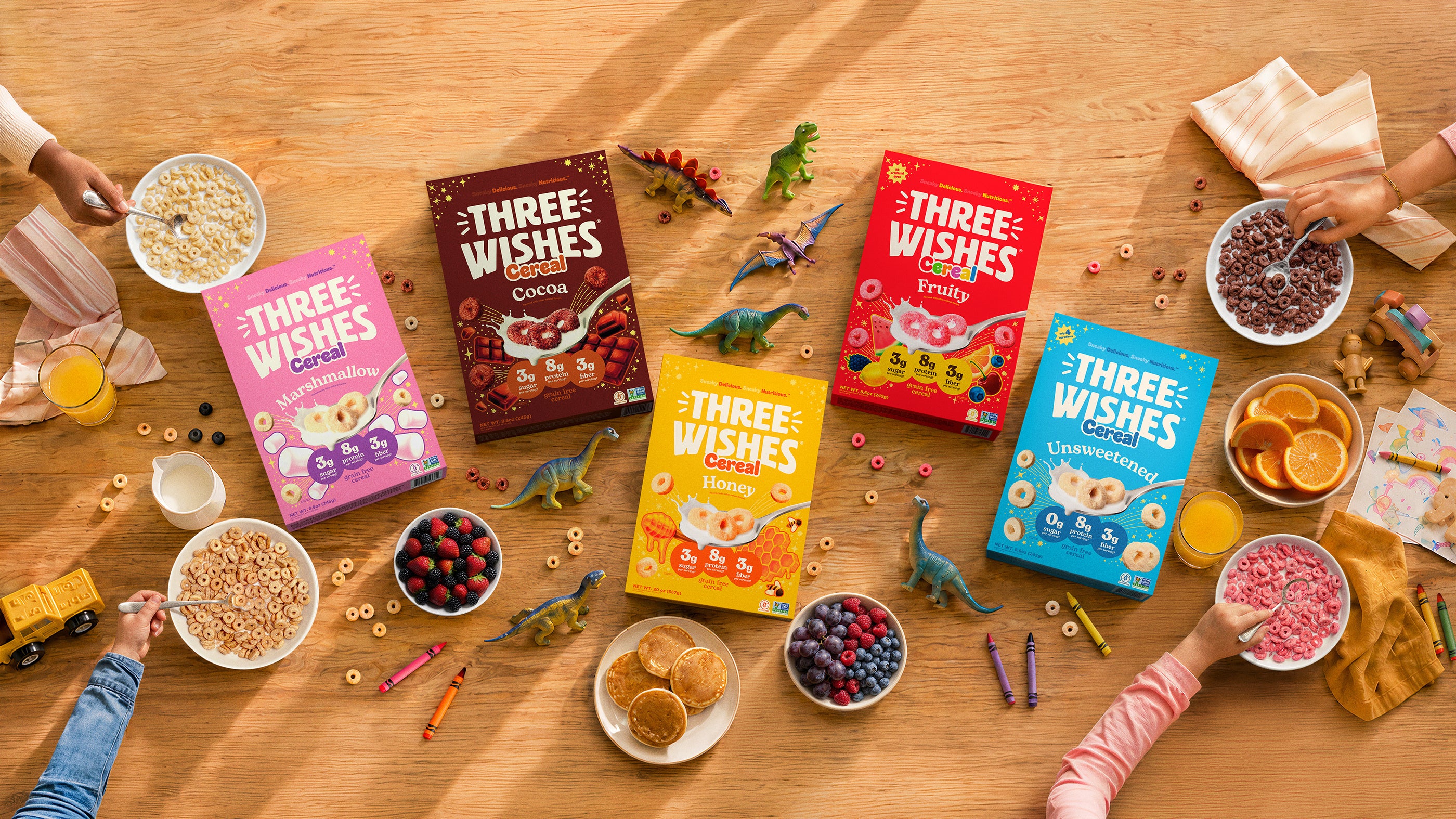 Three Wishes cereal breakfast spread on a table