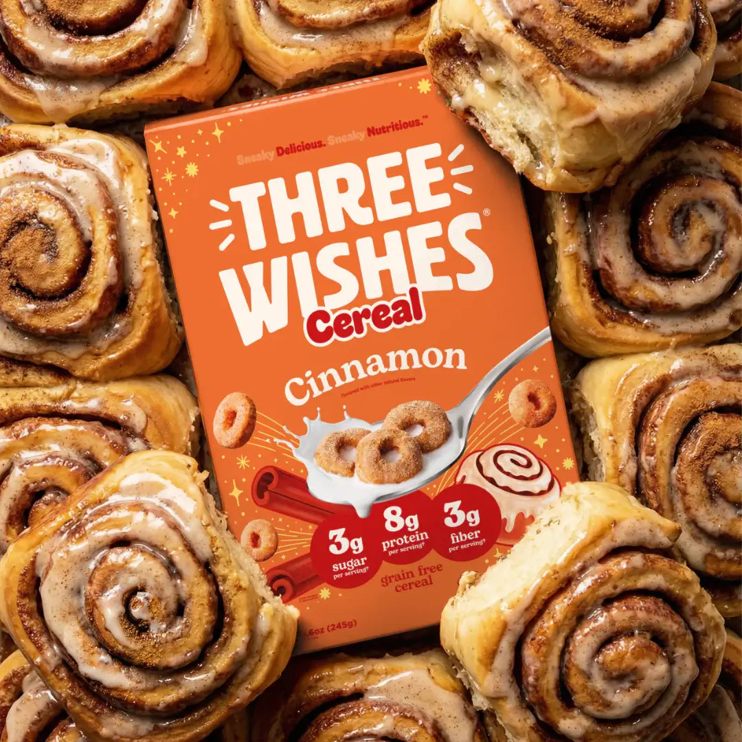 A bowl of Three Wishes Cinnamon cereal with milk — lead image