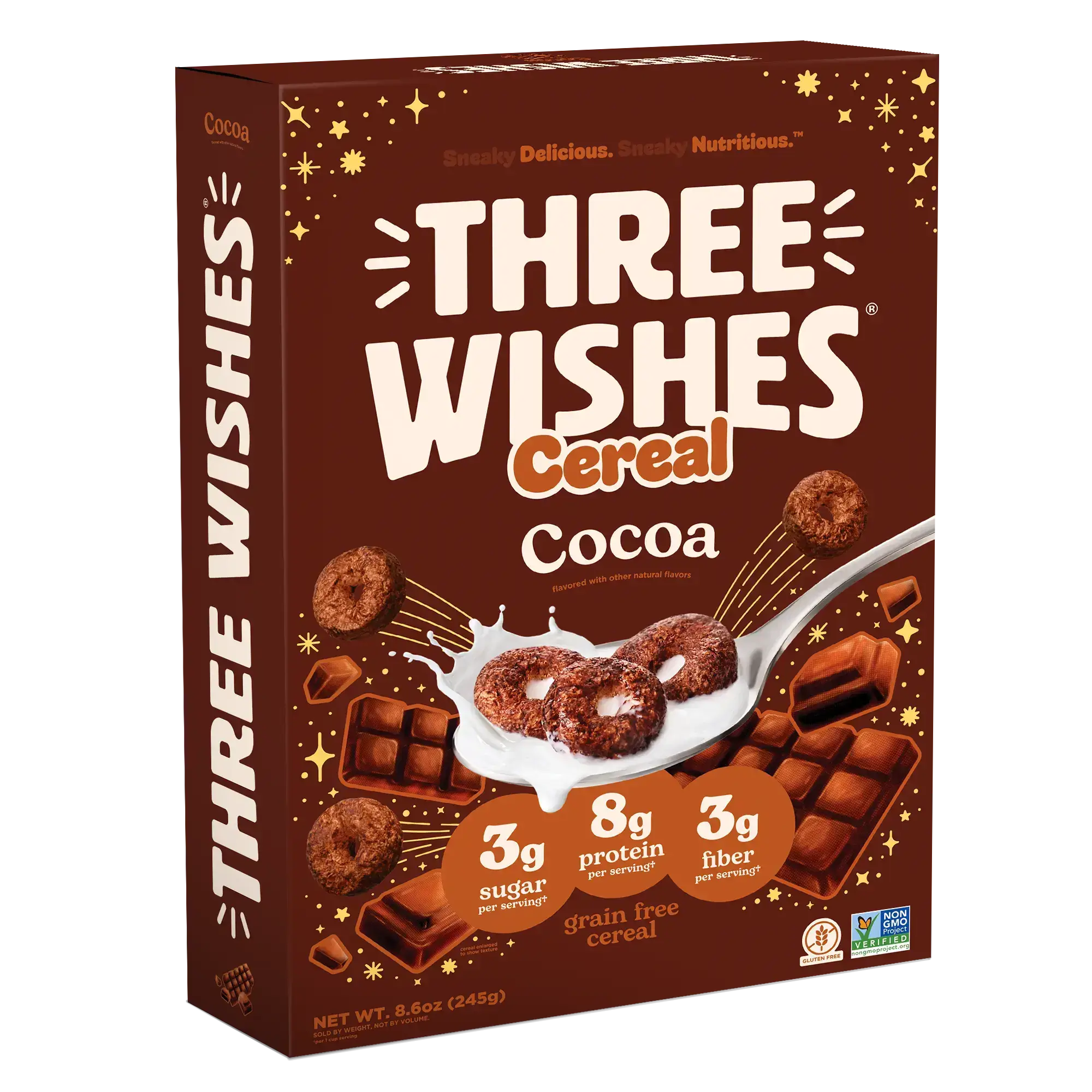Front of the Three Wishes Cocoa cereal box