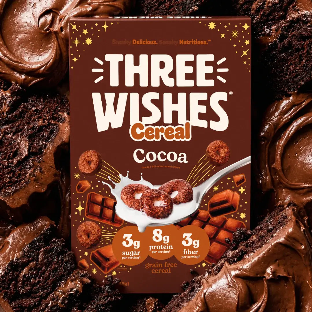 A bowl of Three Wishes Cocoa cereal with milk — lead image