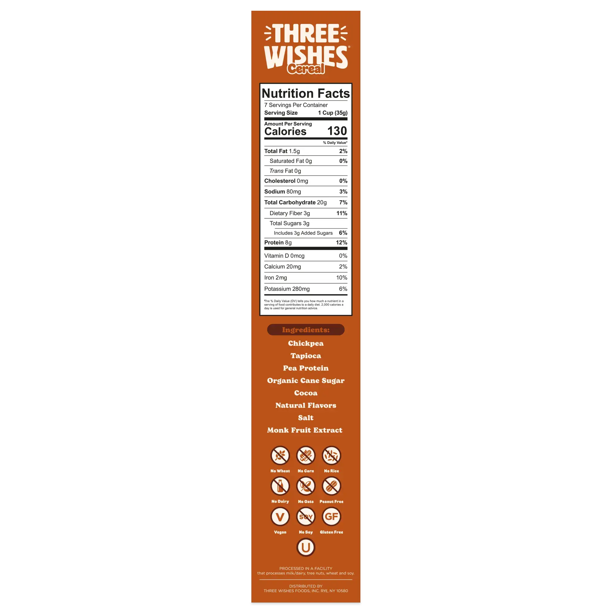 Three Wishes Cocoa cereal nutrition facts panel