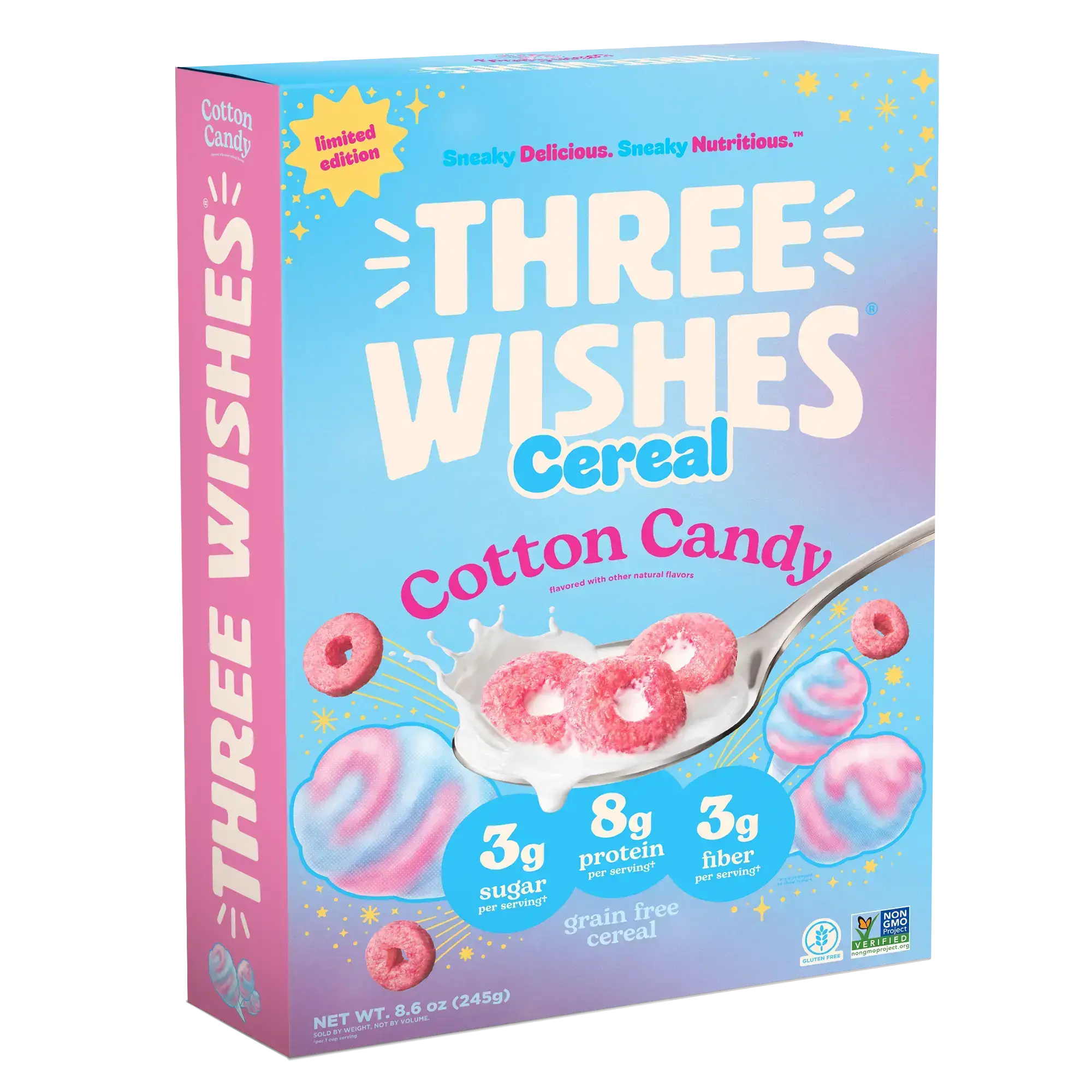 Front of the Three Wishes Cotton Candy cereal box