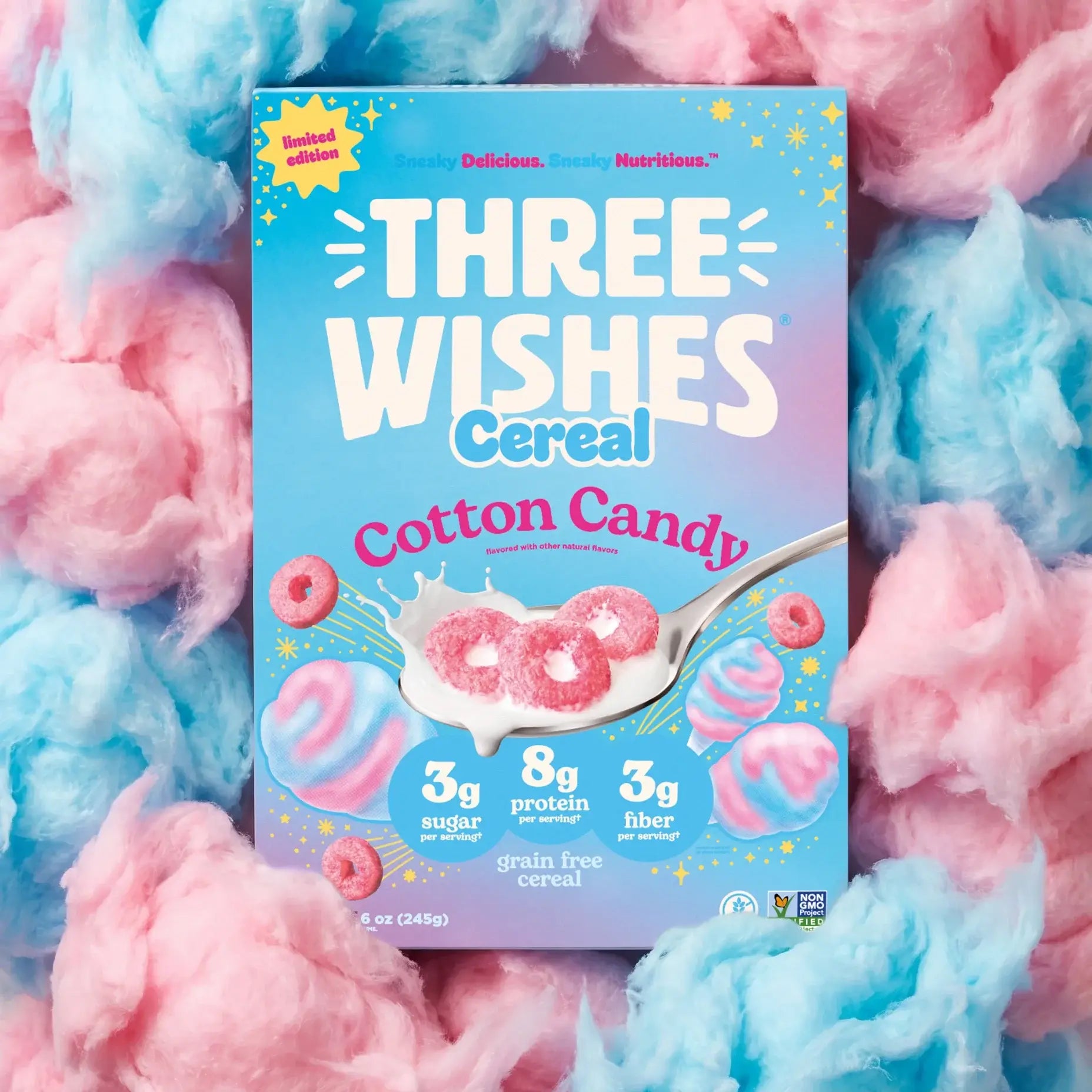 A bowl of Three Wishes Cotton Candy cereal with milk — lead image
