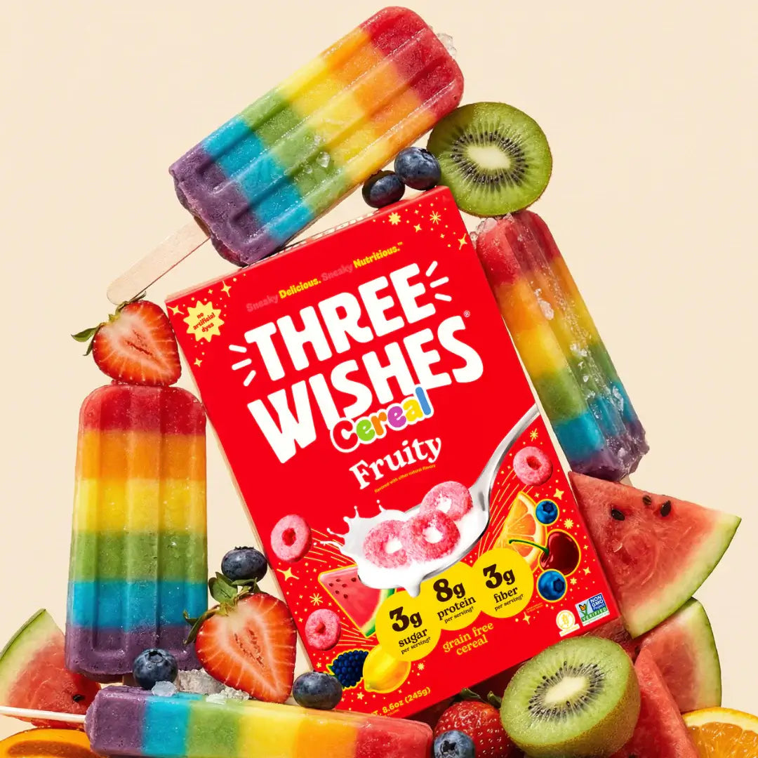A bowl of Three Wishes Fruity cereal with milk — lead image