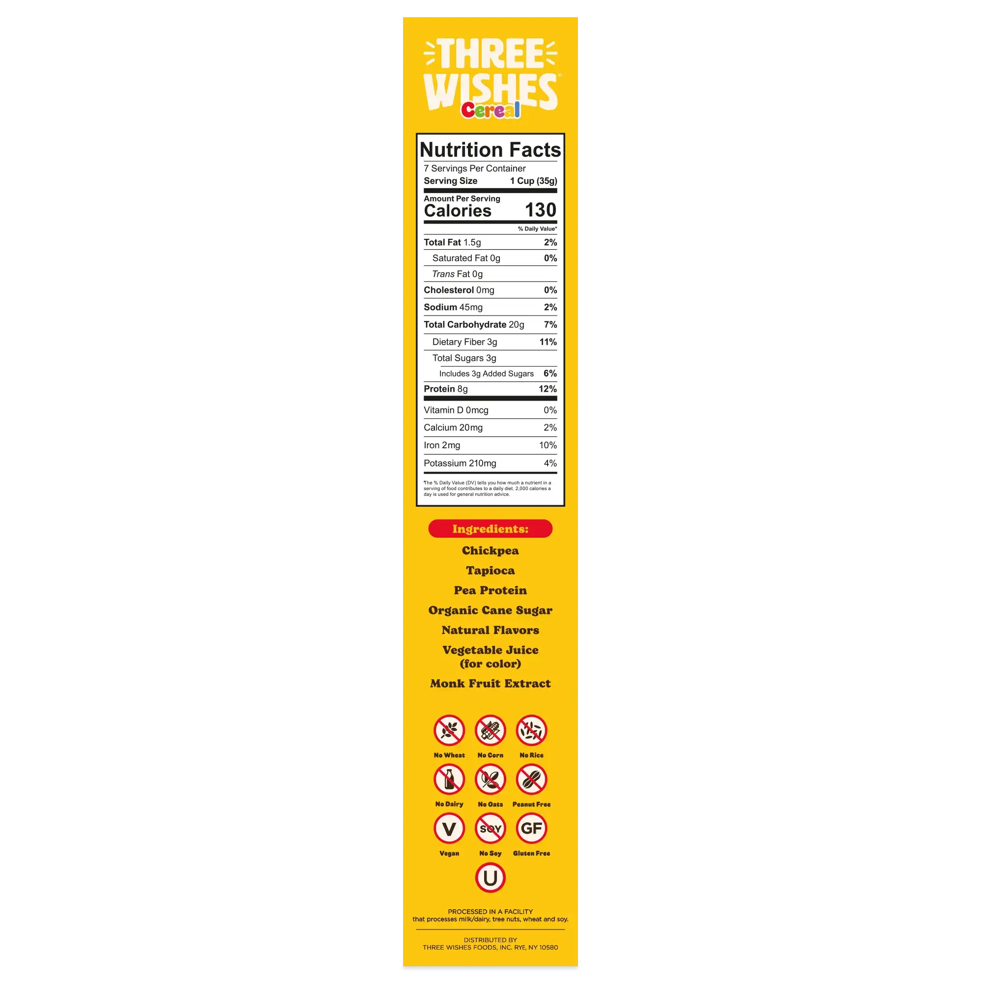 Three Wishes Fruity cereal nutrition facts panel