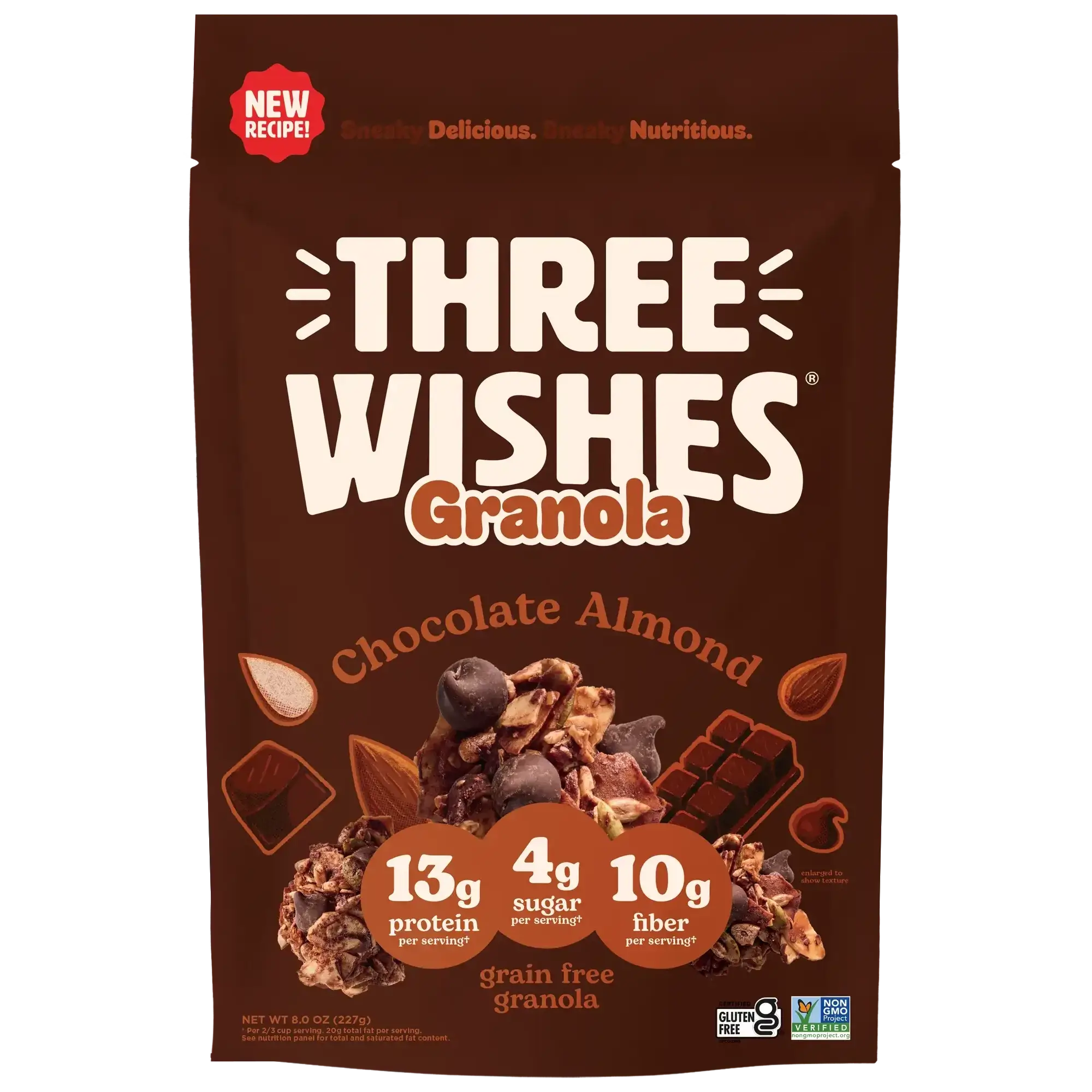 Front of the Three Wishes Chocolate Almond granola box