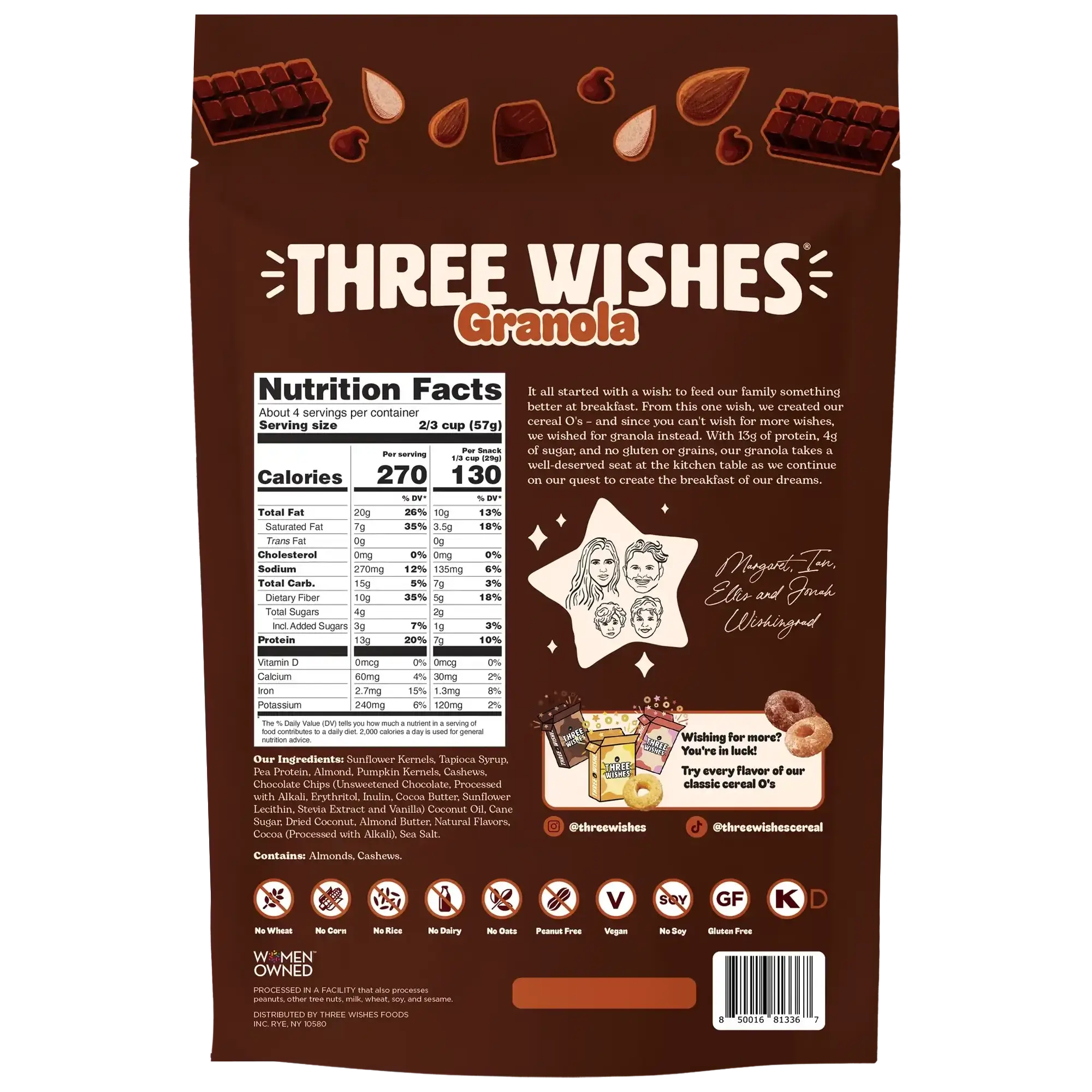 Back of the Three Wishes Chocolate Almond granola box