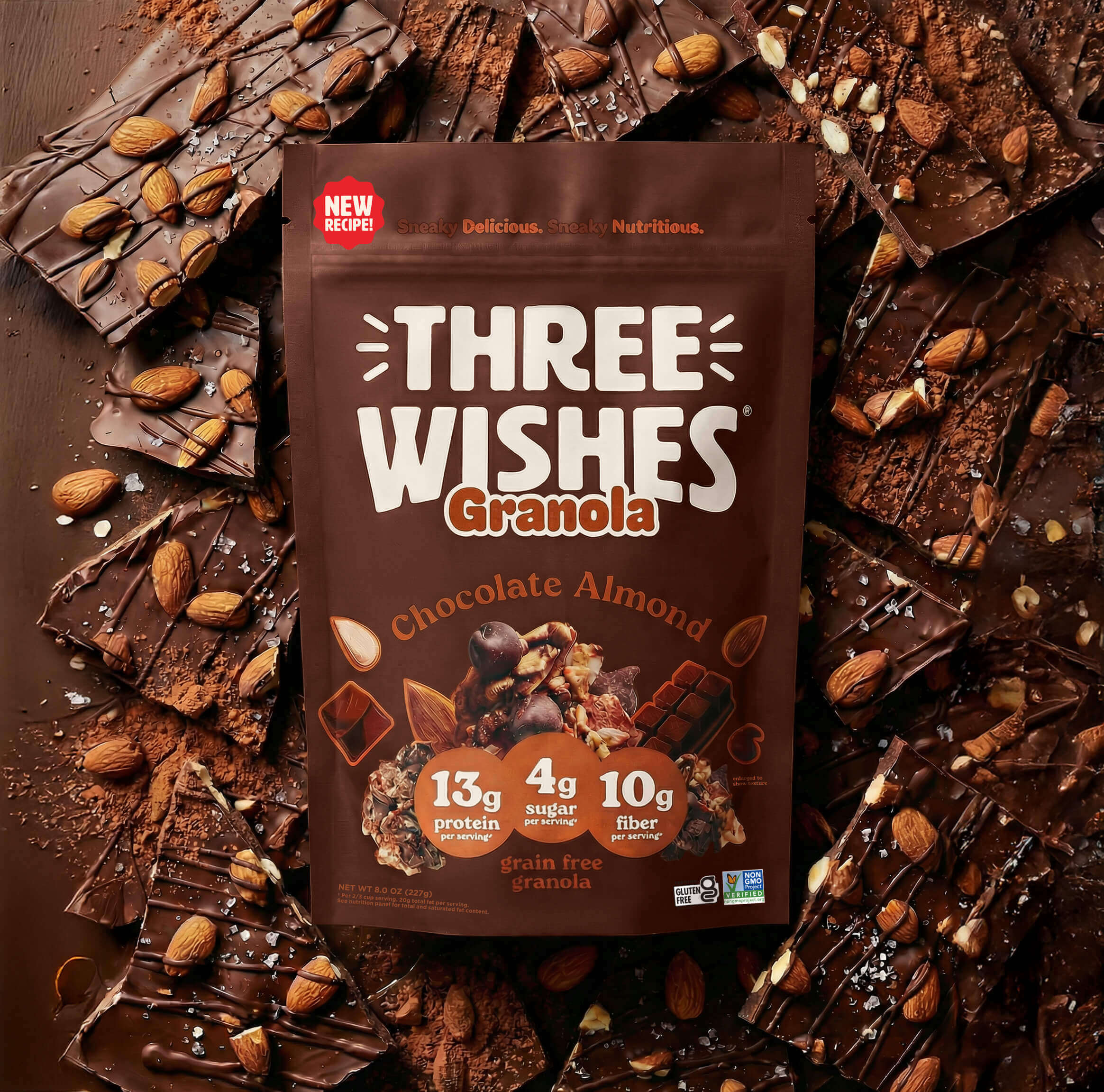 A bowl of Three Wishes Chocolate Almond granola with milk — lead image