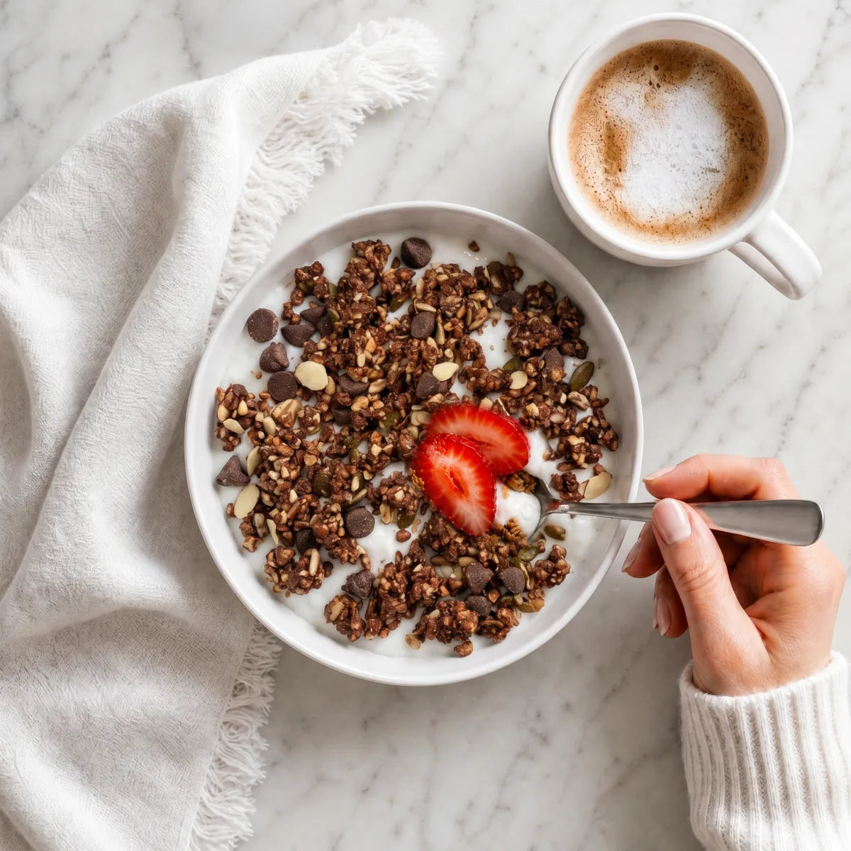 A bowl of Three Wishes Chocolate Almond granola with yogurt and a strawberry, being eaten with a spoon