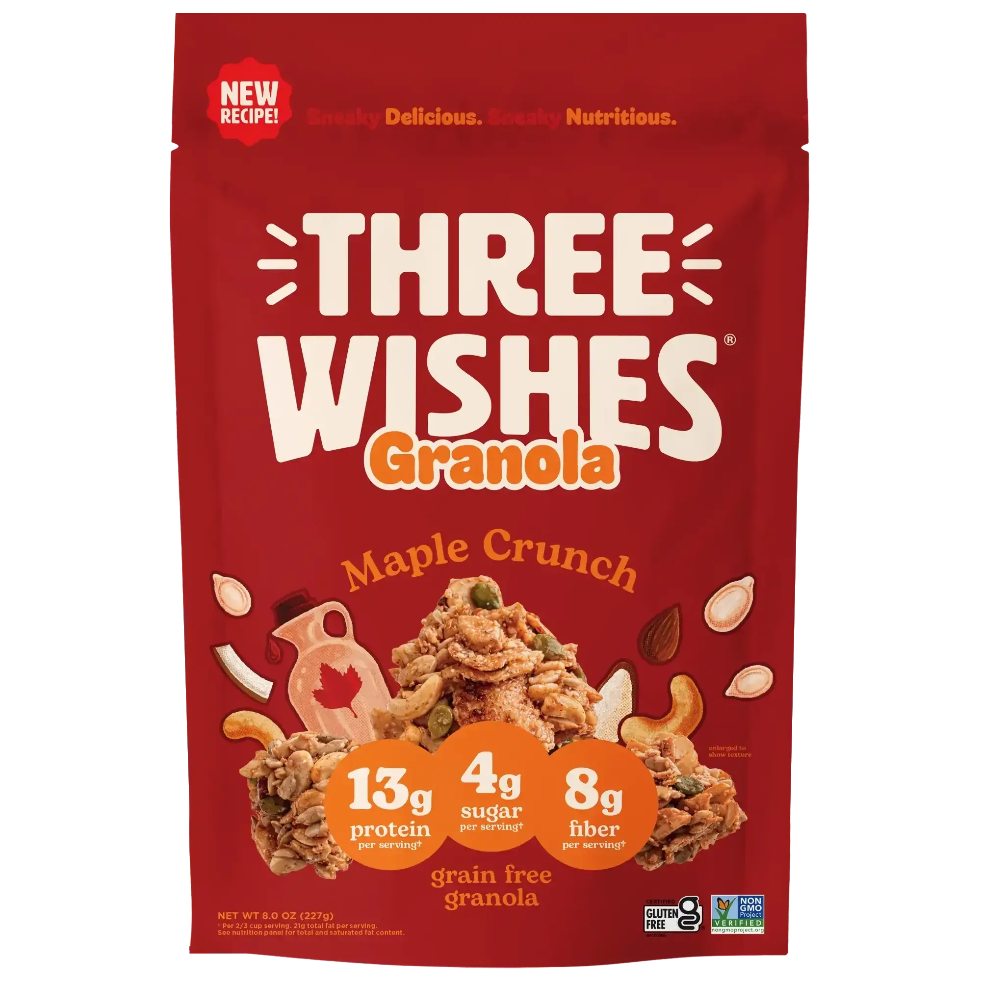 Front of the Three Wishes Maple Crunch granola box