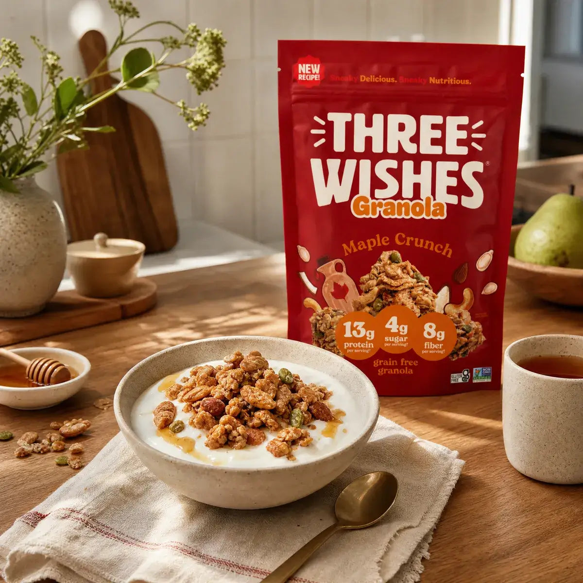 A pouch of Three Wishes Maple Crunch granola beside a bowl of granola with yogurt on a kitchen counter
