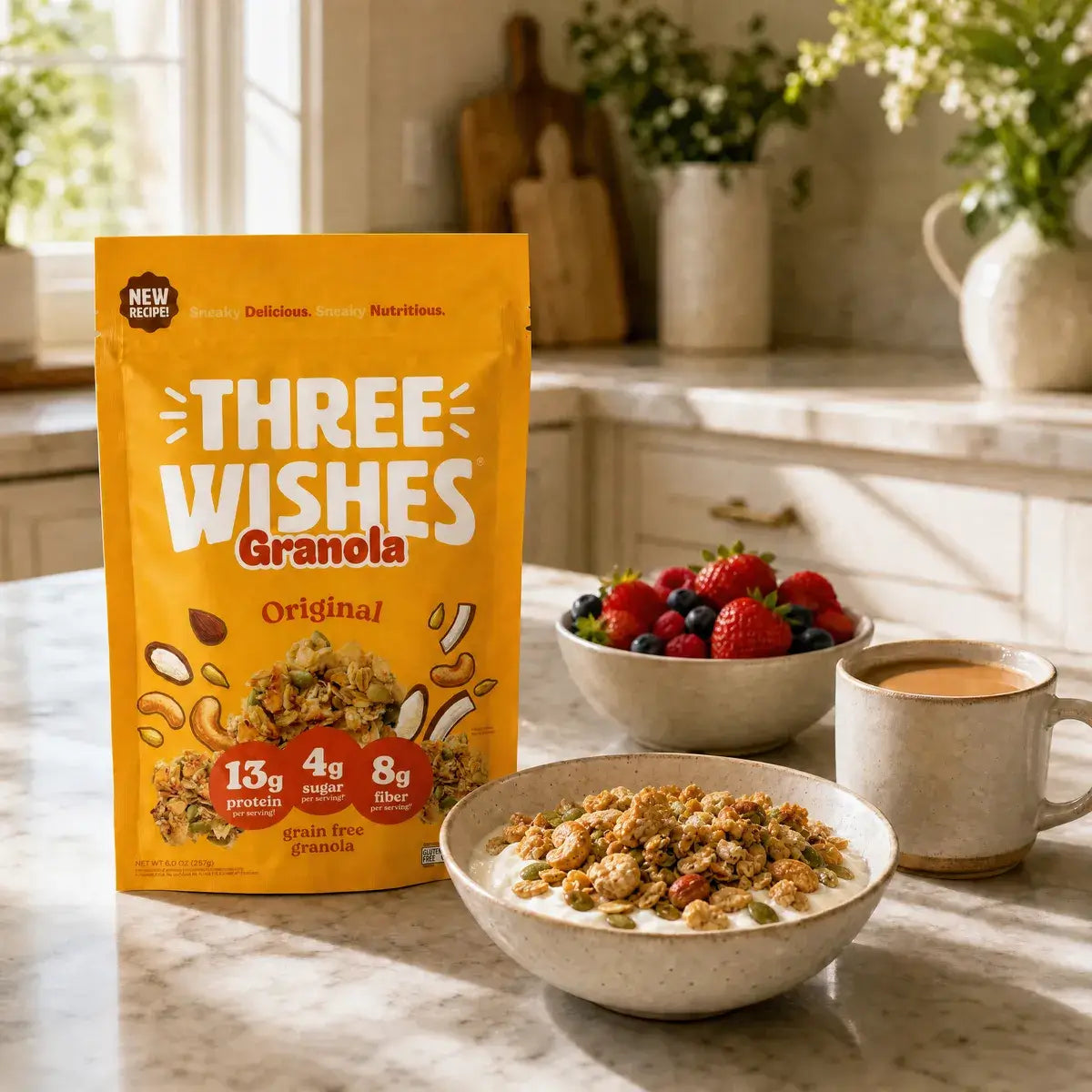 A pouch of Three Wishes Original granola beside a bowl of granola with yogurt and berries on a kitchen counter