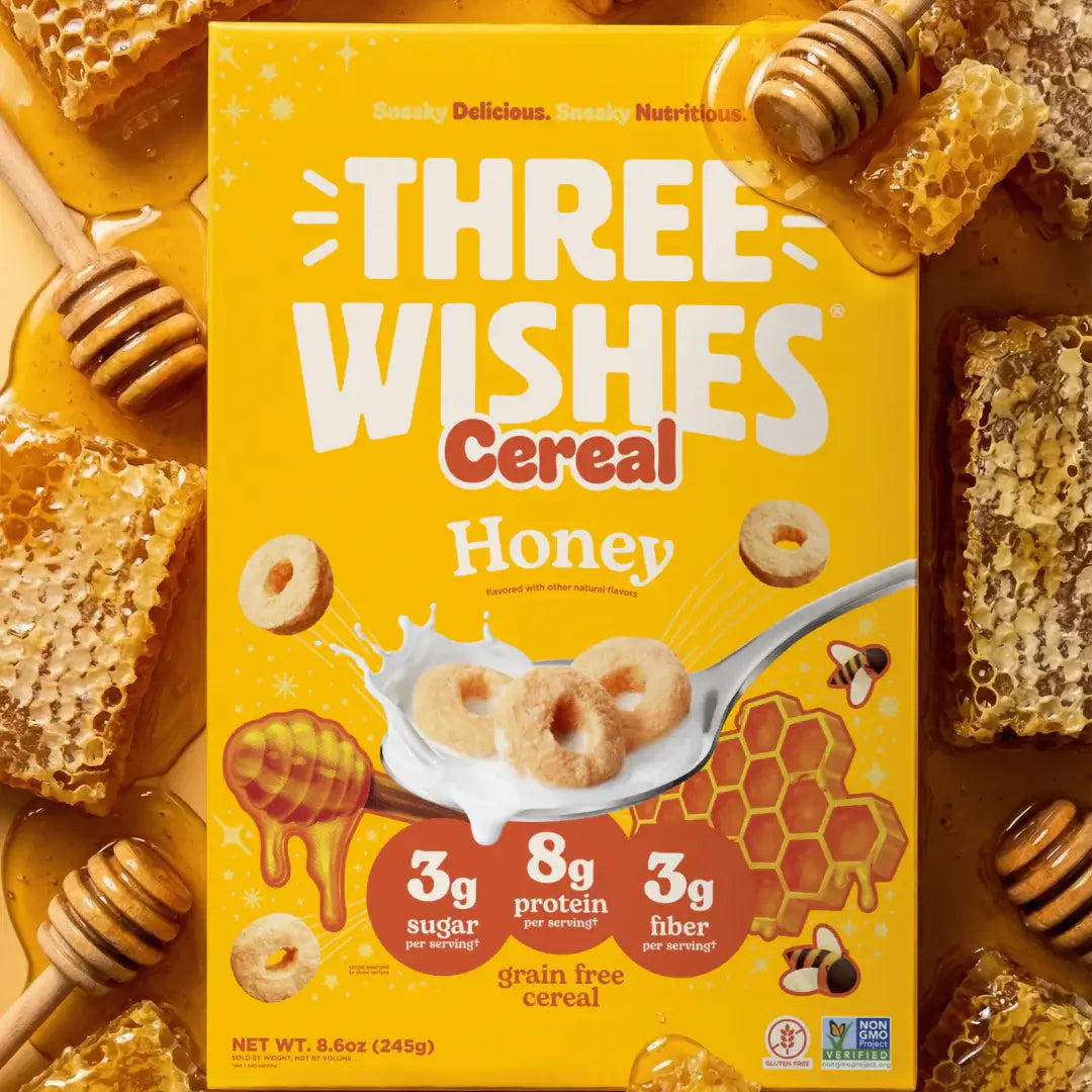 A bowl of Three Wishes Honey cereal with milk — lead image