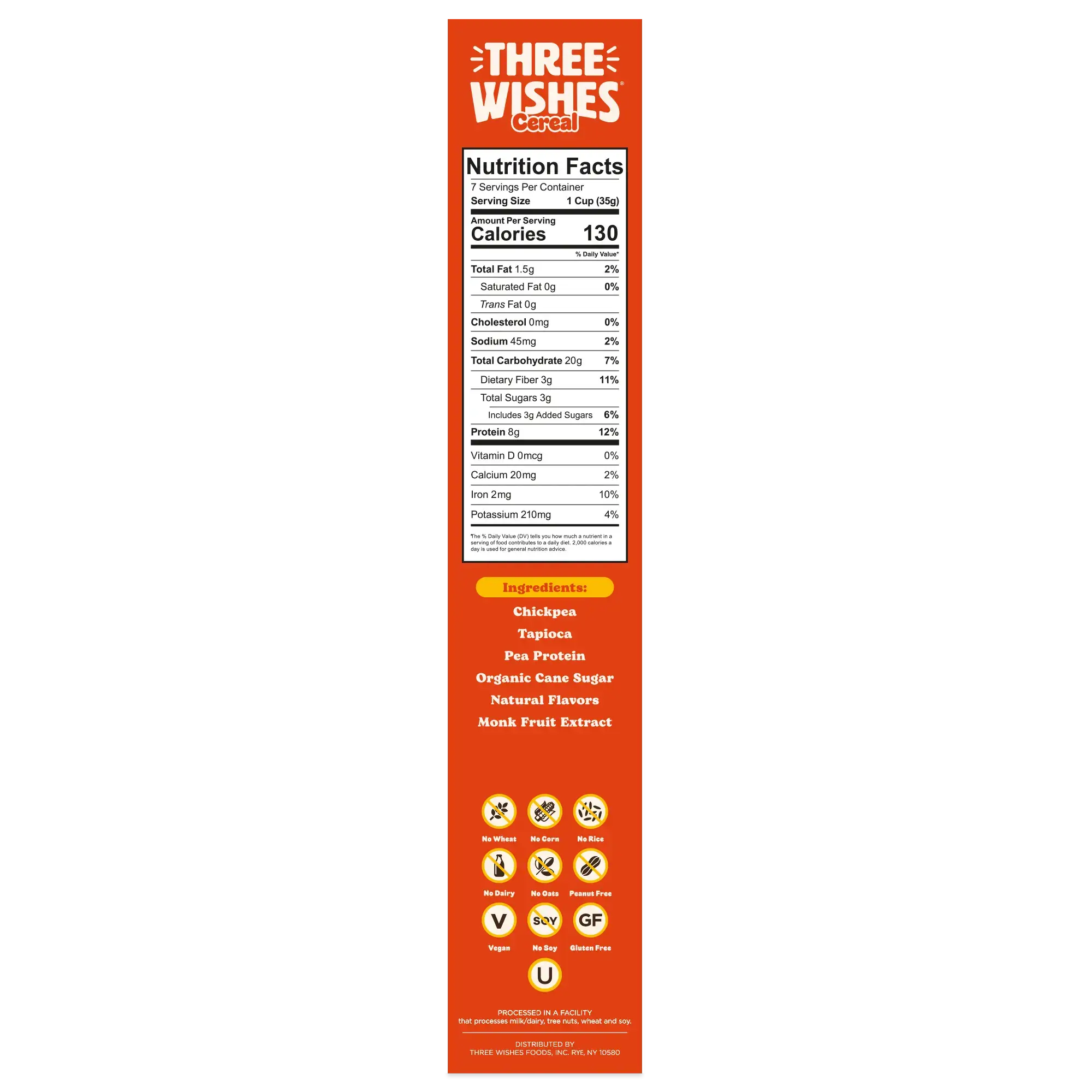 Three Wishes Honey cereal nutrition facts panel