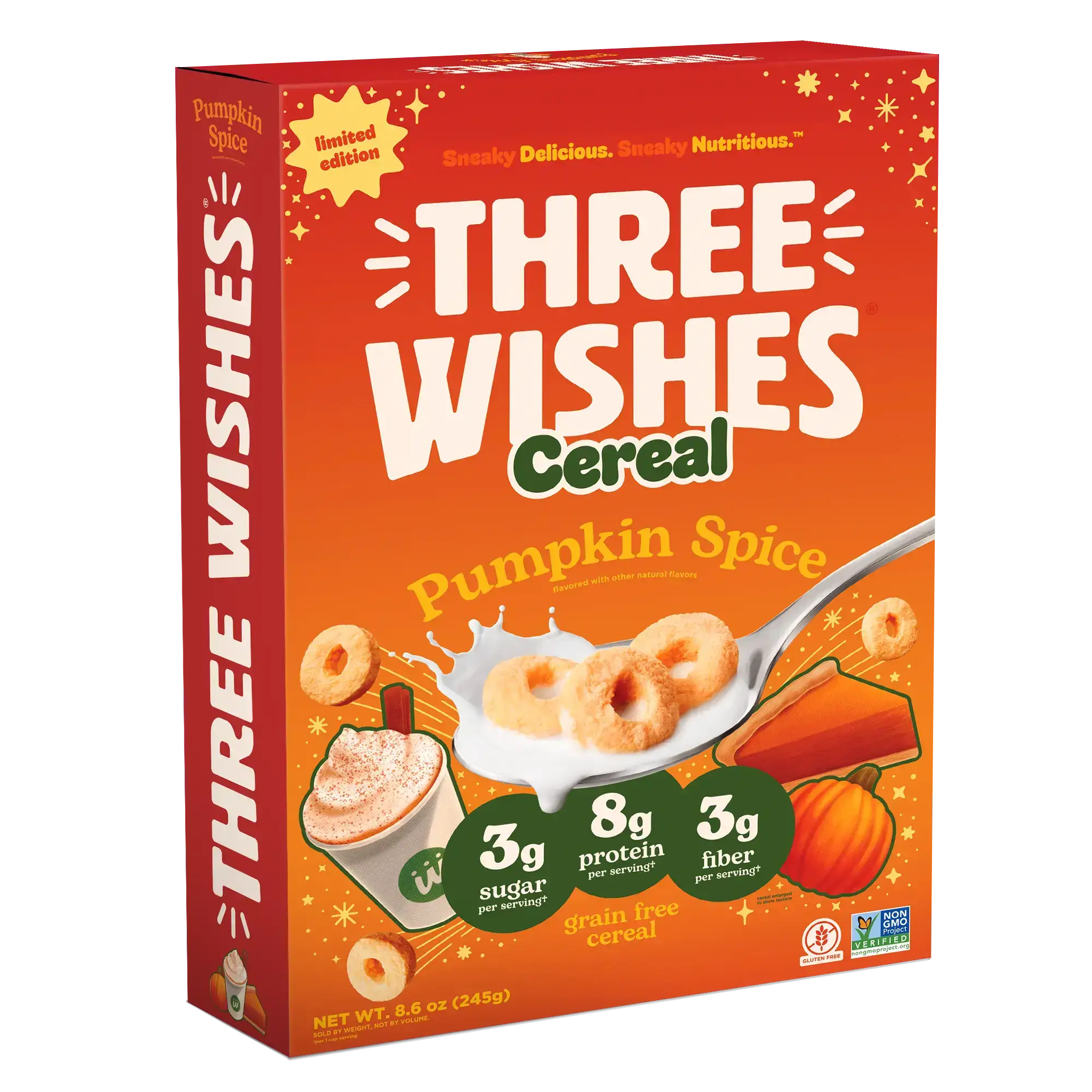 Front of the Three Wishes Pumpkin Spice cereal box
