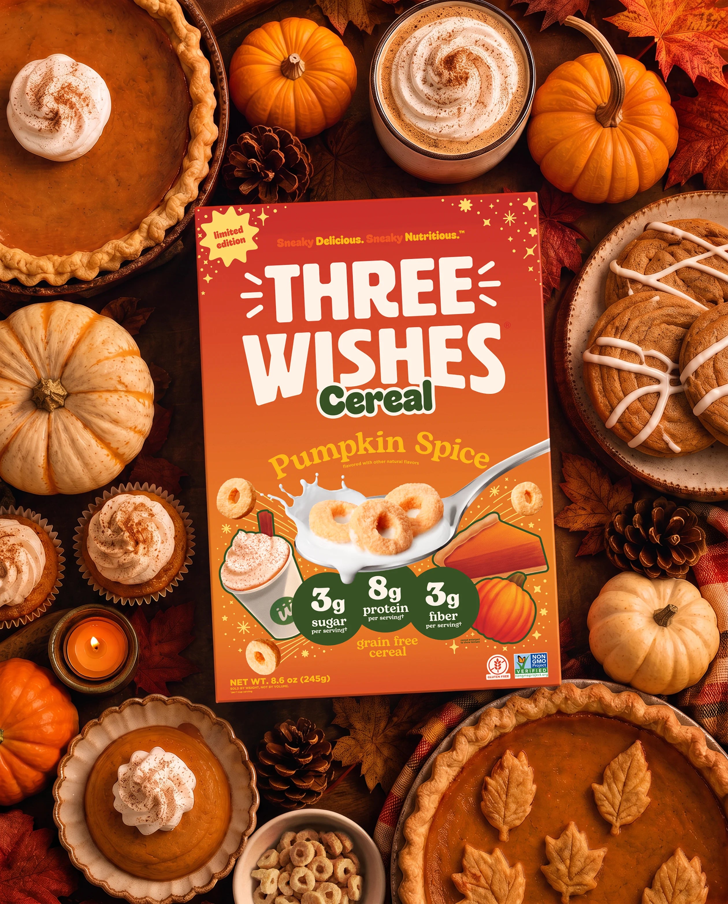 A Three Wishes Pumpkin Spice cereal box in an autumn spread of pumpkins, pies, cookies and a spiced latte — lead image
