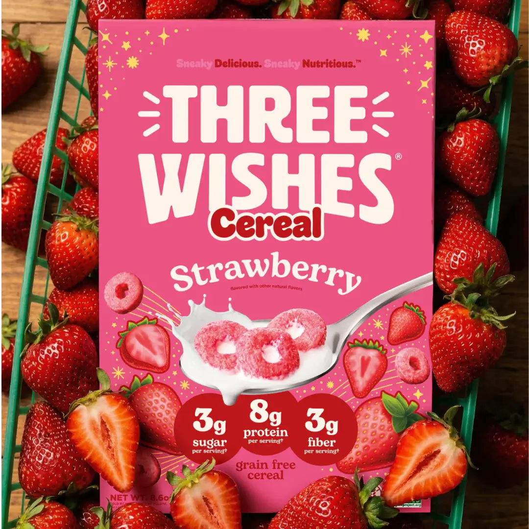 A bowl of Three Wishes Strawberry cereal with milk — lead image