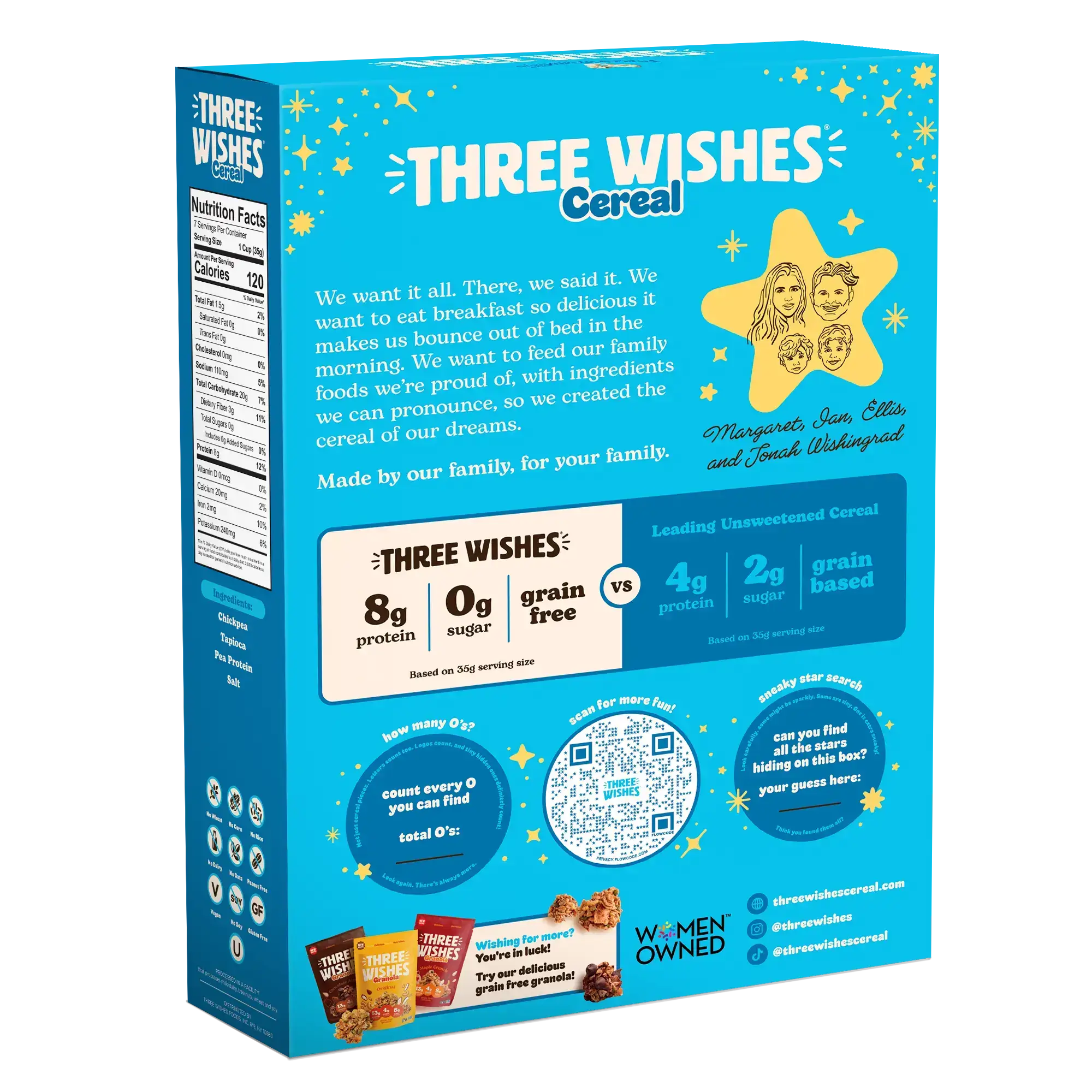 Back of the Three Wishes Unsweetened cereal box