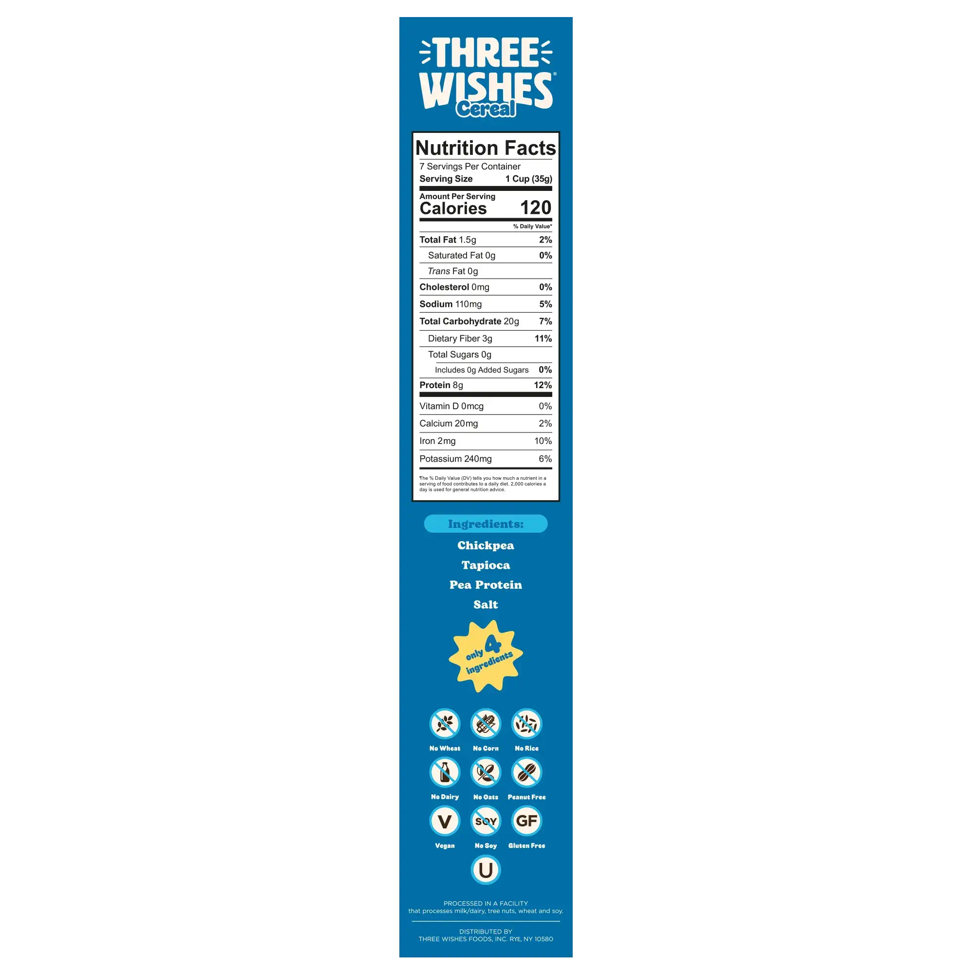 Three Wishes Unsweetened cereal nutrition facts panel