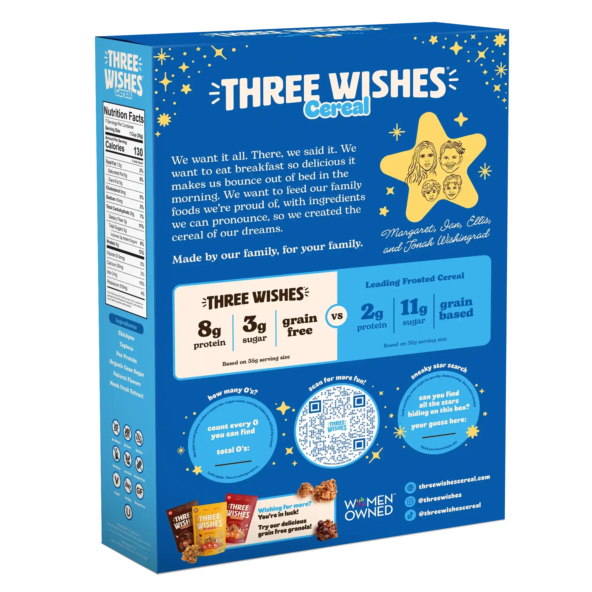 Back of the Three Wishes Vanilla Frosted cereal box