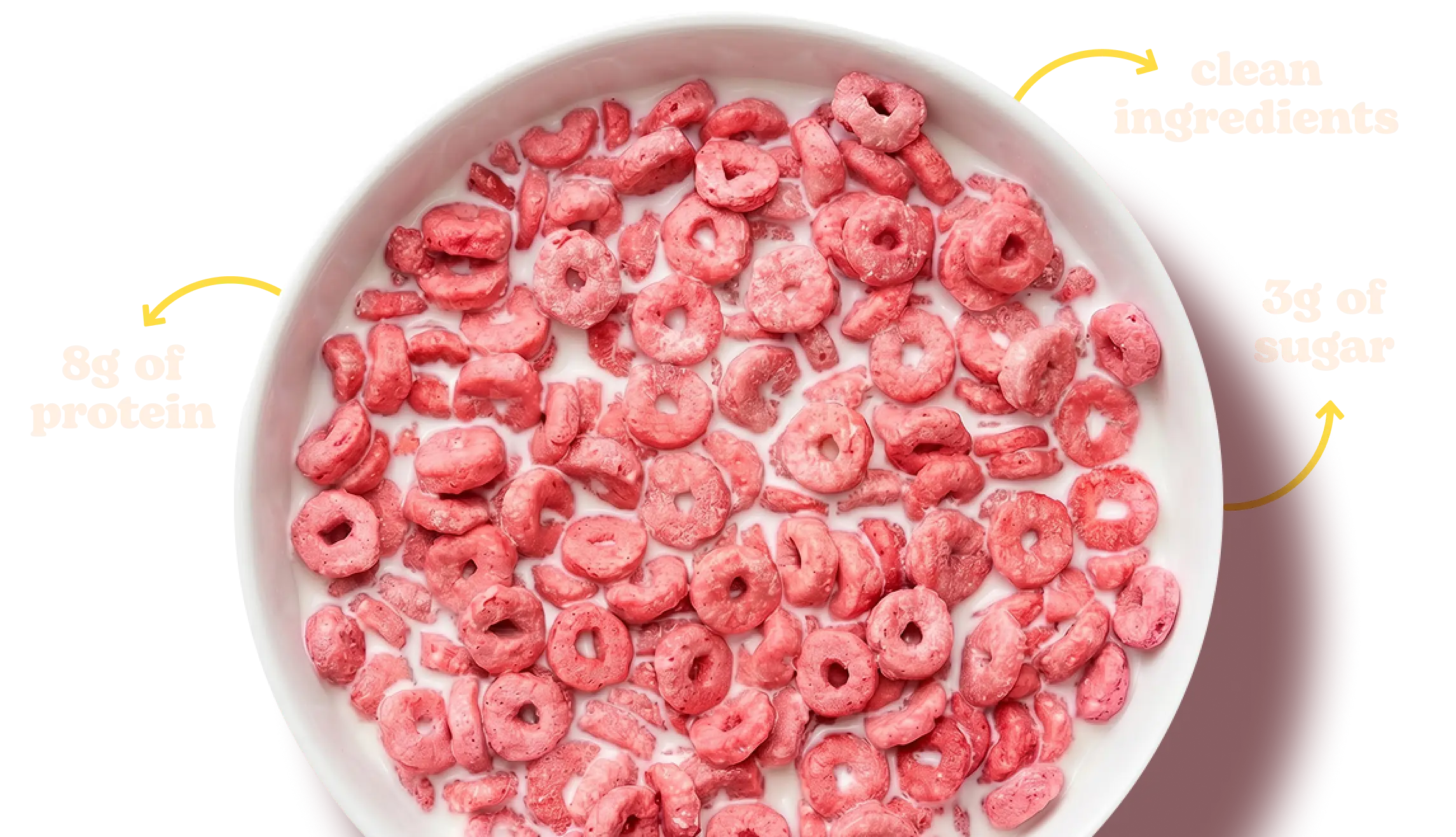 A bowl of Three Wishes fruity cereal in milk — 8g of protein, 3g of sugar, clean ingredients